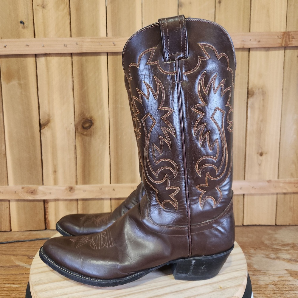 Vintage Olathe Western Cowboy Boots Mens 12 B Brown Leather Pointed Toe Tall